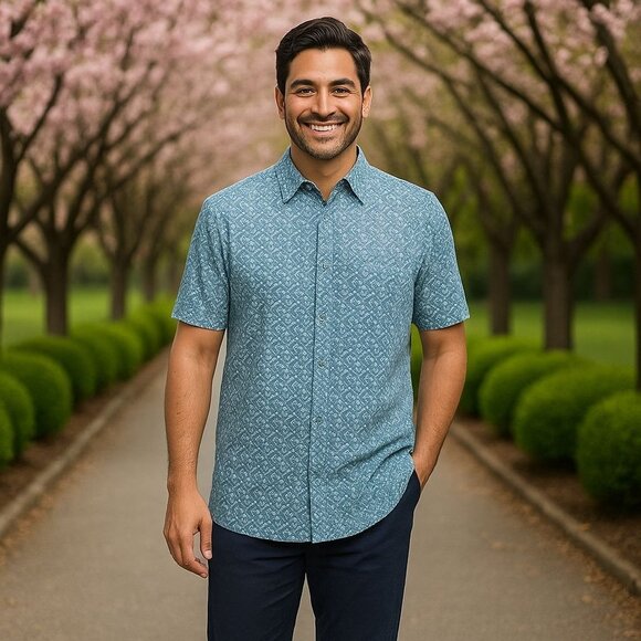 Projek Raw Blue Geometric Shirt Large Stretch Button Up Cruise Summer Streetwear - Picture 4 of 12